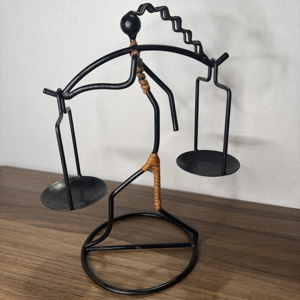 Vintage Laurids Longborg Walking Woman‎ Metal & Rattan Double Candleholder 11.5"
